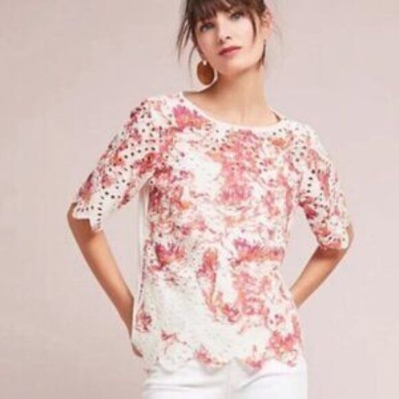Porridge Anthropologie Arber Eyelet Lace Shirt Sleeve Top Floral Size Medium - Picture 1 of 6
